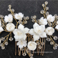 UNIQ Wedding Hair Comb Ivory Ceramic Flower Bridal Hair-Piece Gold Alloy Wires, Pearls - Crystal Hairpins for Women Brides